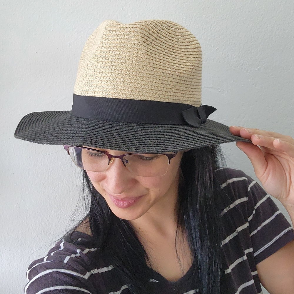 Two-Tone Black & Beige Synthetic Raffia With Ribbon Womens Hat - Picture 13 of 17